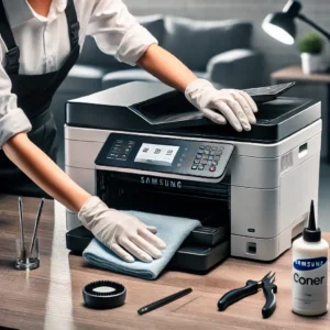 Técnico realizando mantenimiento a una impresora Samsung en un ambiente profesional.
