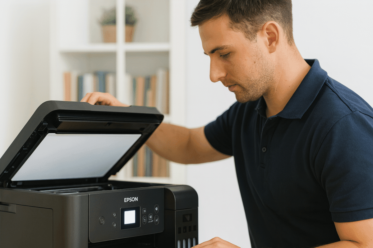 Técnico revisando una impresora Epson para detectar fallas de mantenimiento en Bogotá