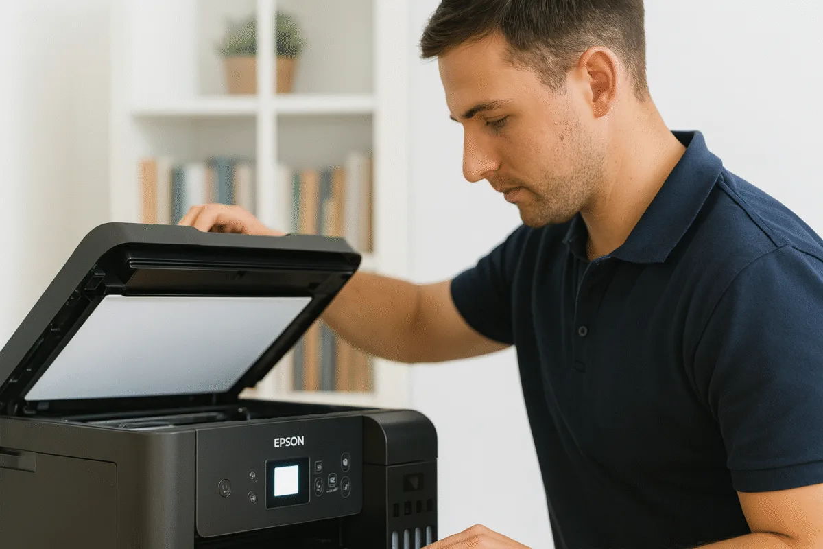 Técnico revisando una impresora Epson para detectar fallas de mantenimiento en Bogotá