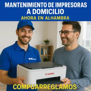 Técnico de Compuarreglamos entregando impresora Canon a cliente en Alhambra Bogotá