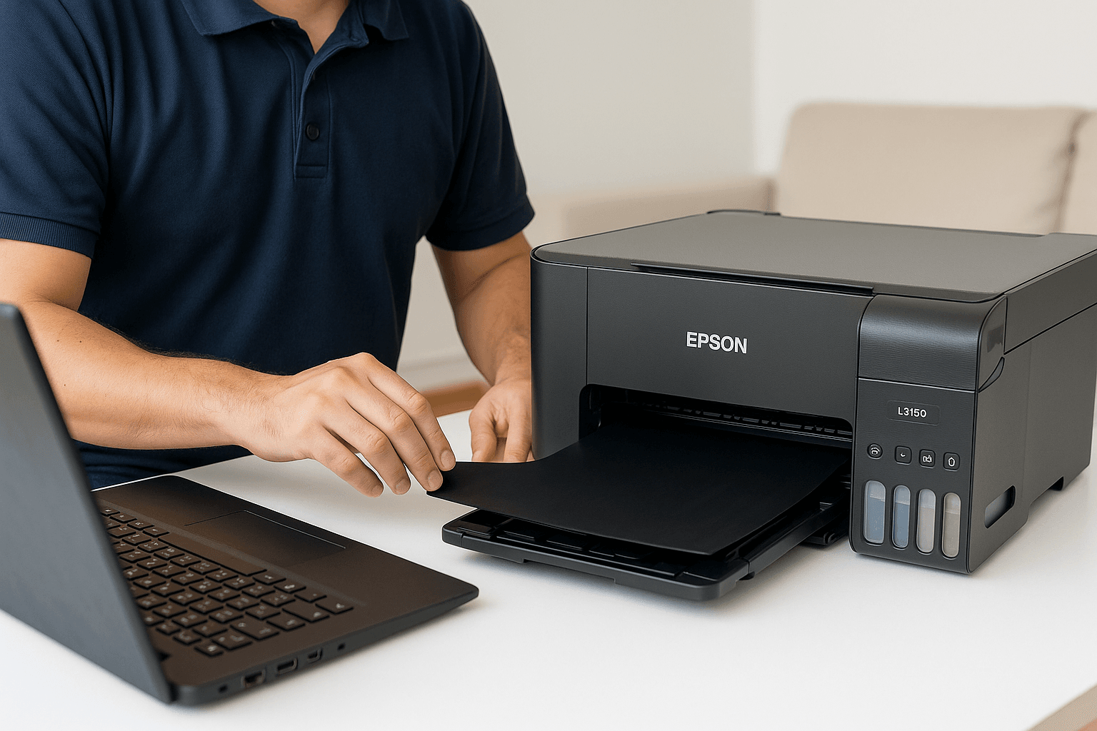 Técnico haciendo mantenimiento a impresora Epson L3150 a domicilio en Bogotá