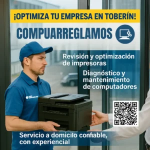 Técnico entregando impresora en Toberín durante visita de Compuarreglamos