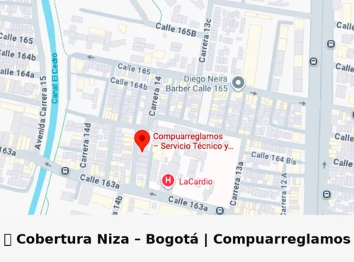Mapa de cobertura de Compuarreglamos en Niza, Bogotá con ubicación destacada